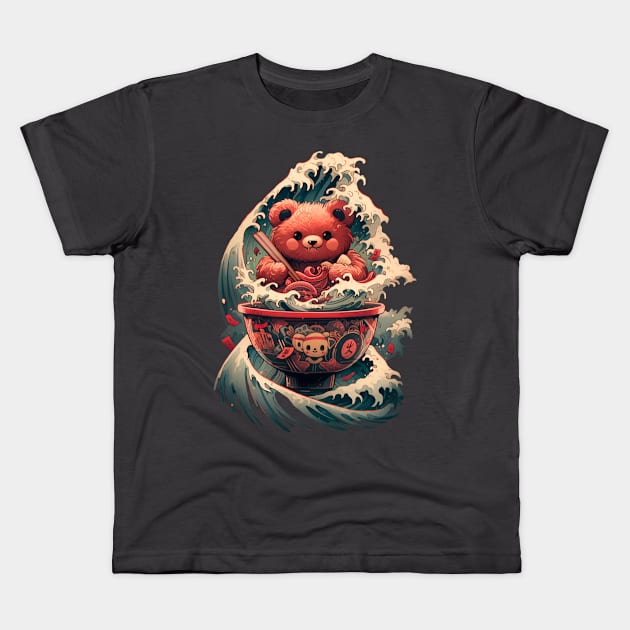 Cute bear eating ramen, waves Kids T-Shirt by NemfisArt
